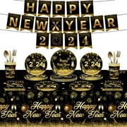 vnanda 1 Set New Years Eve Party Dinnerware, New Year Party Supplies Disposable Tablewares, Include Tablecloth Napkin Knife Fork Spoon Dinner Plate Paper Cup